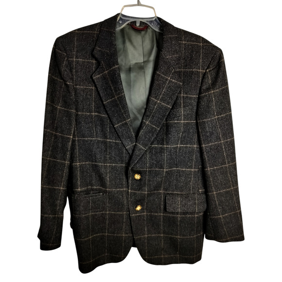 M545)Hart Schaffner Marx Two Button Brown Plaid Camel Hair Blazer 42R - Picture 1 of 10